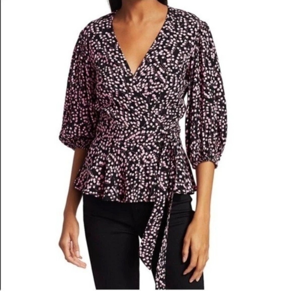 Ganni Floral Flounce Pink and Black Wrap Blouse Size 32, U.S XS